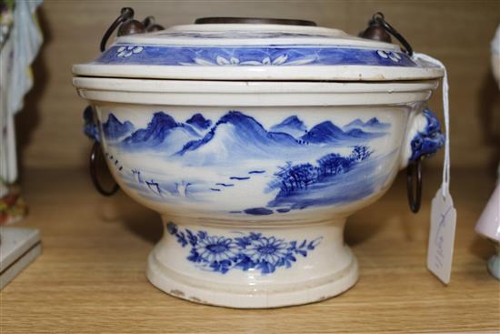 A Chinese blue and white vessel, burner and stand